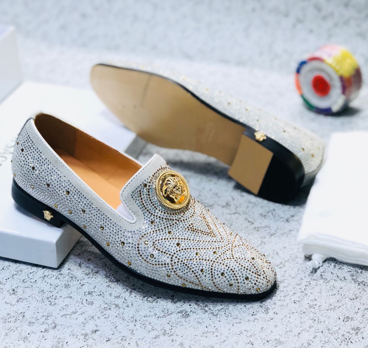 Men Versace Gold Stud Shoe - White