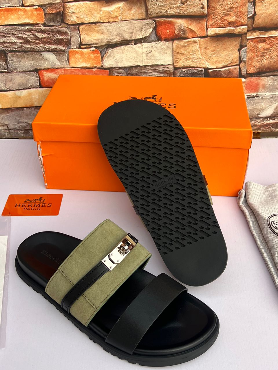 Hermes luxury Pam slipper- green strap - Image 2