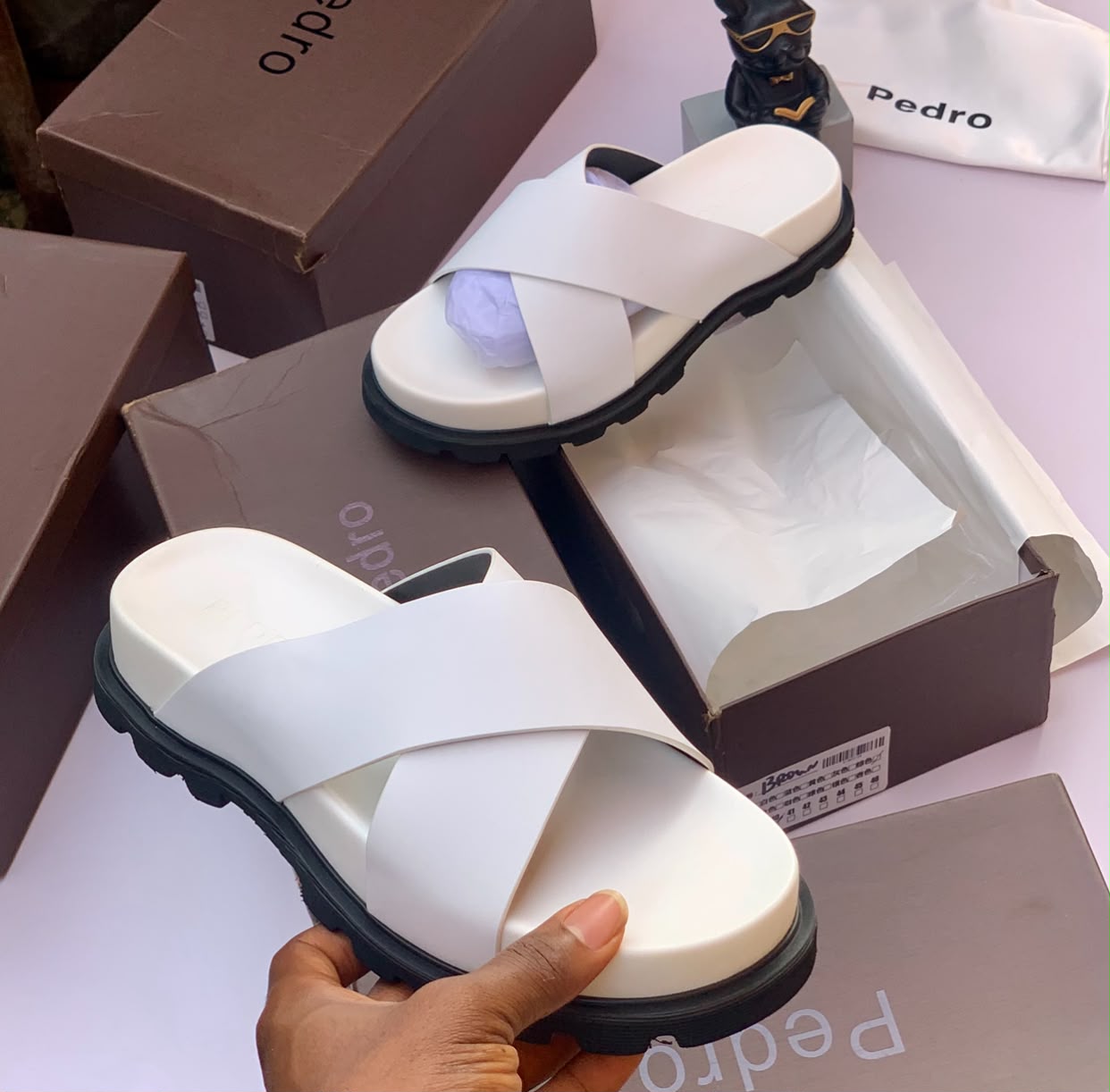 Pedro Cross Strap “White Chunky” Slide