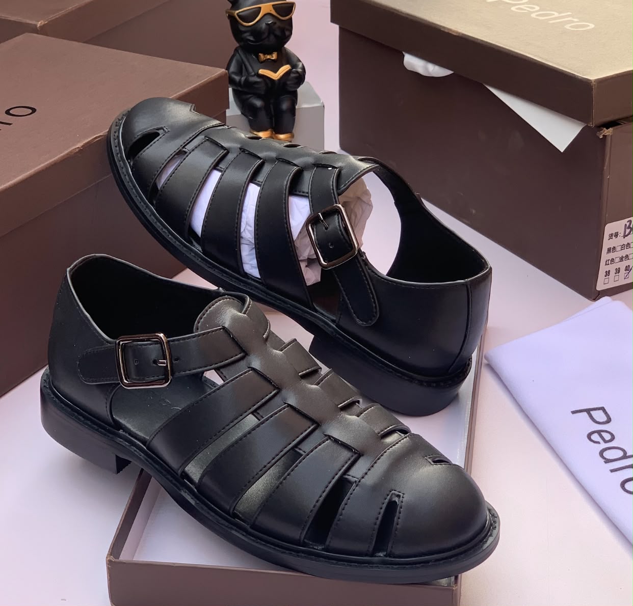 Pedro Buckle Strap Leather Sandal Black