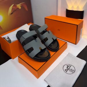 Hermes luxury Pam slipper-grey on black