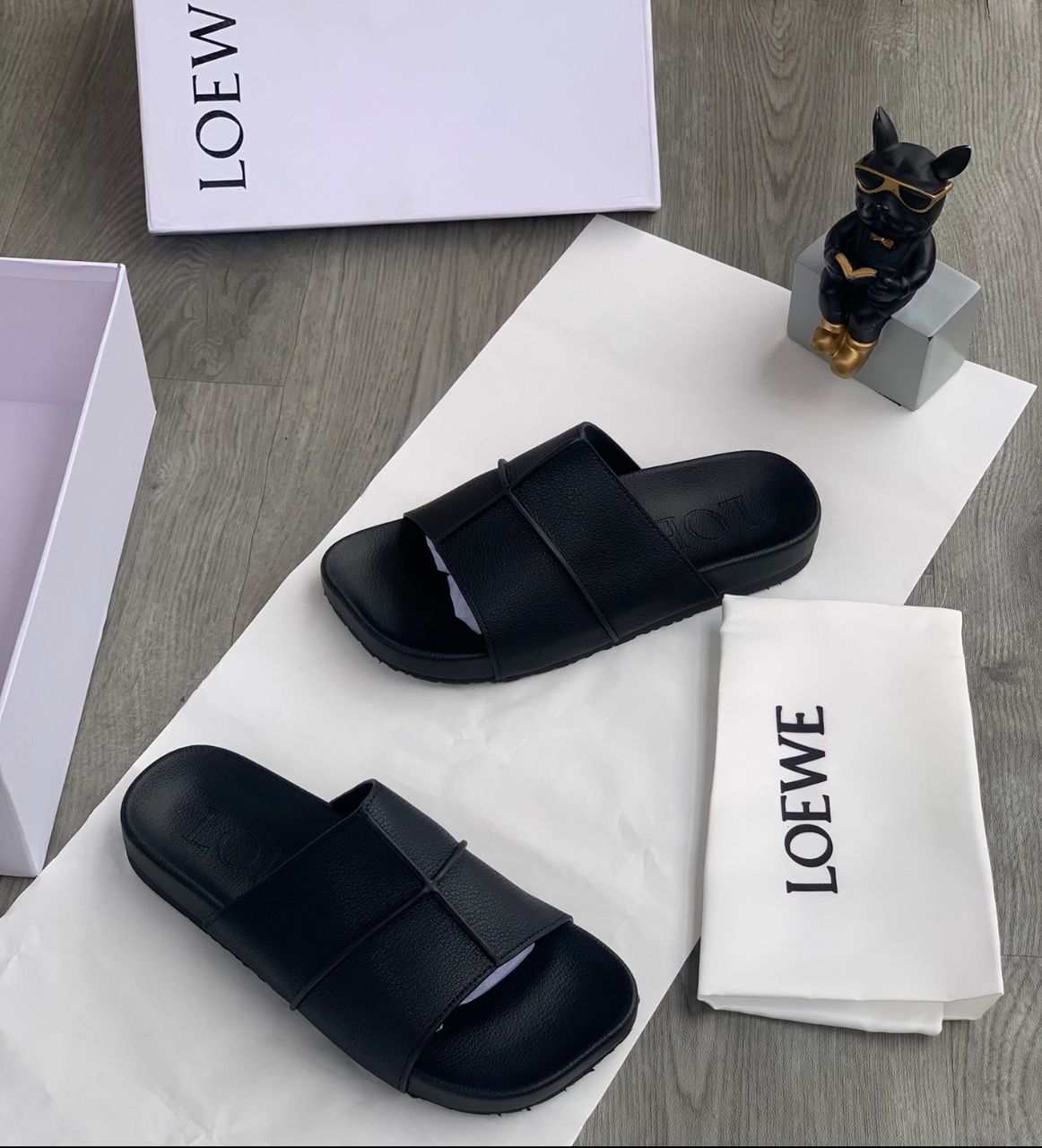 Loewe Black Leather Cross-Strap Slide