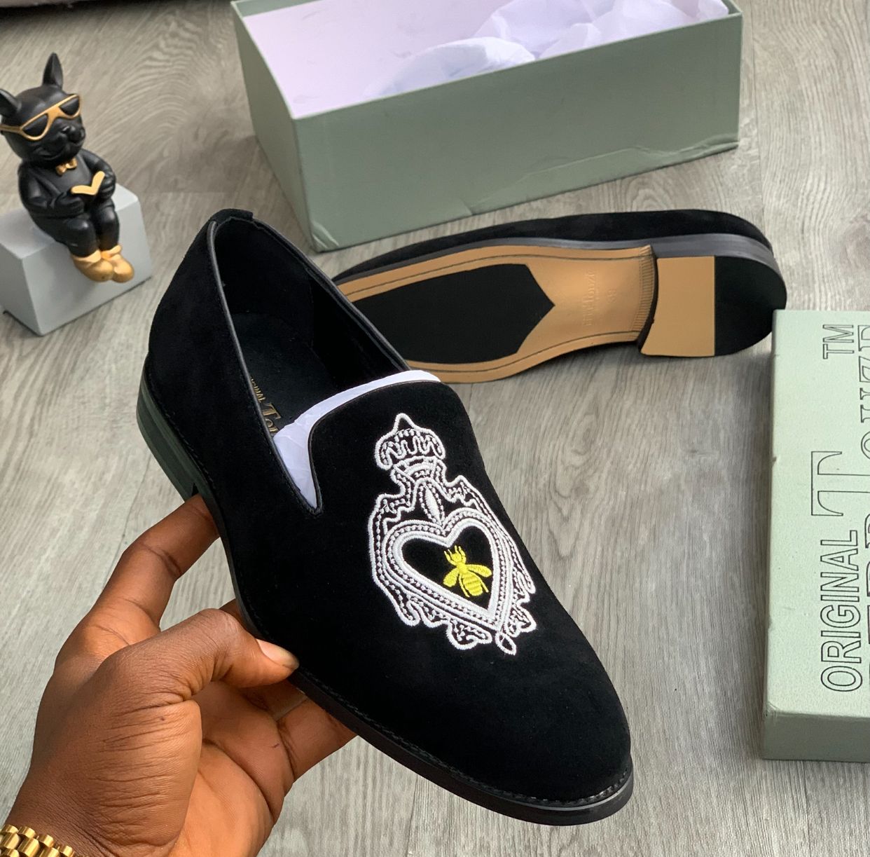 Bebbtouze Crest Embroidered Suede Loafer “Black”