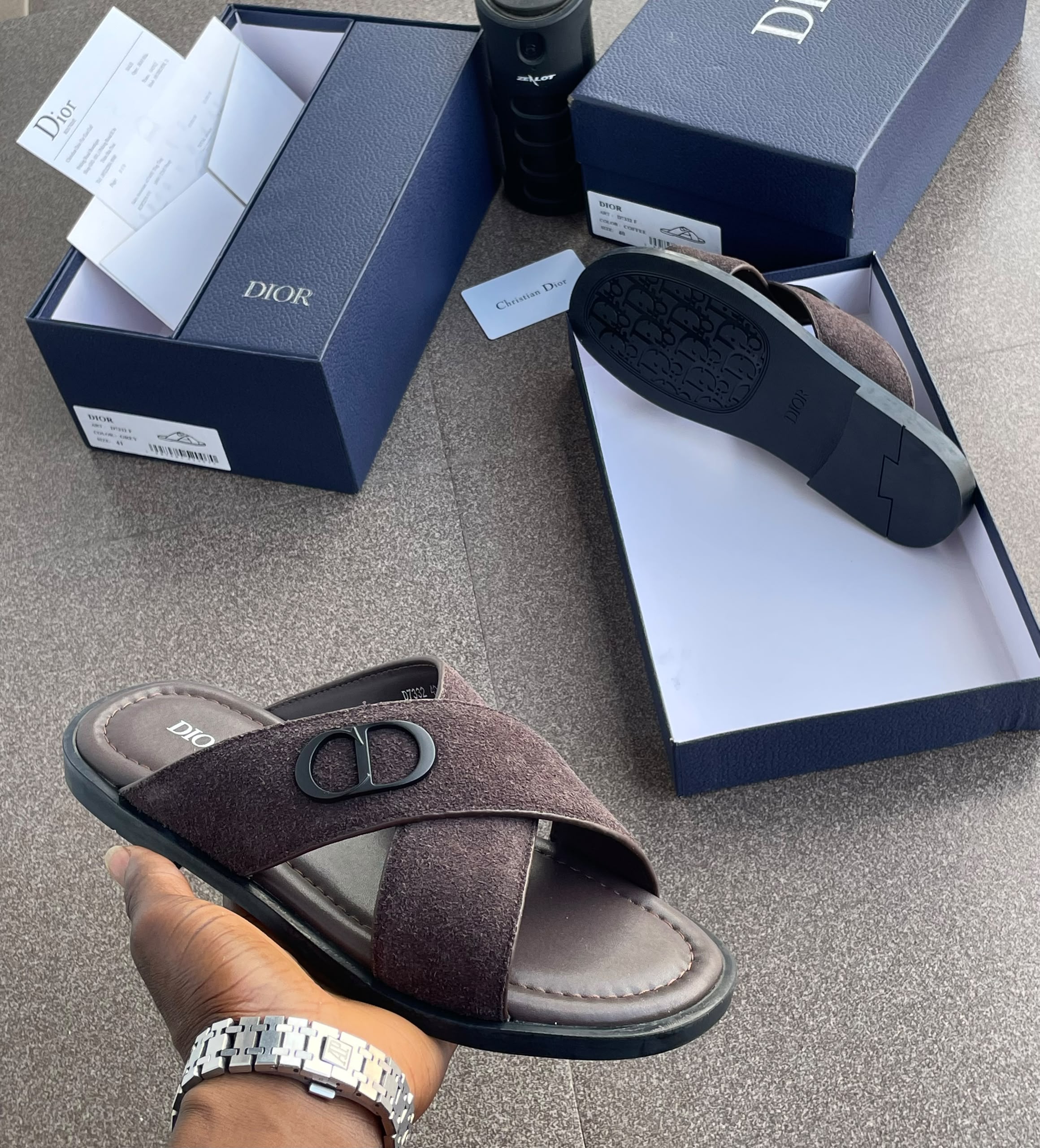 Premium Men's "CD" Cross-Strap Brown Suede Slide - Image 3