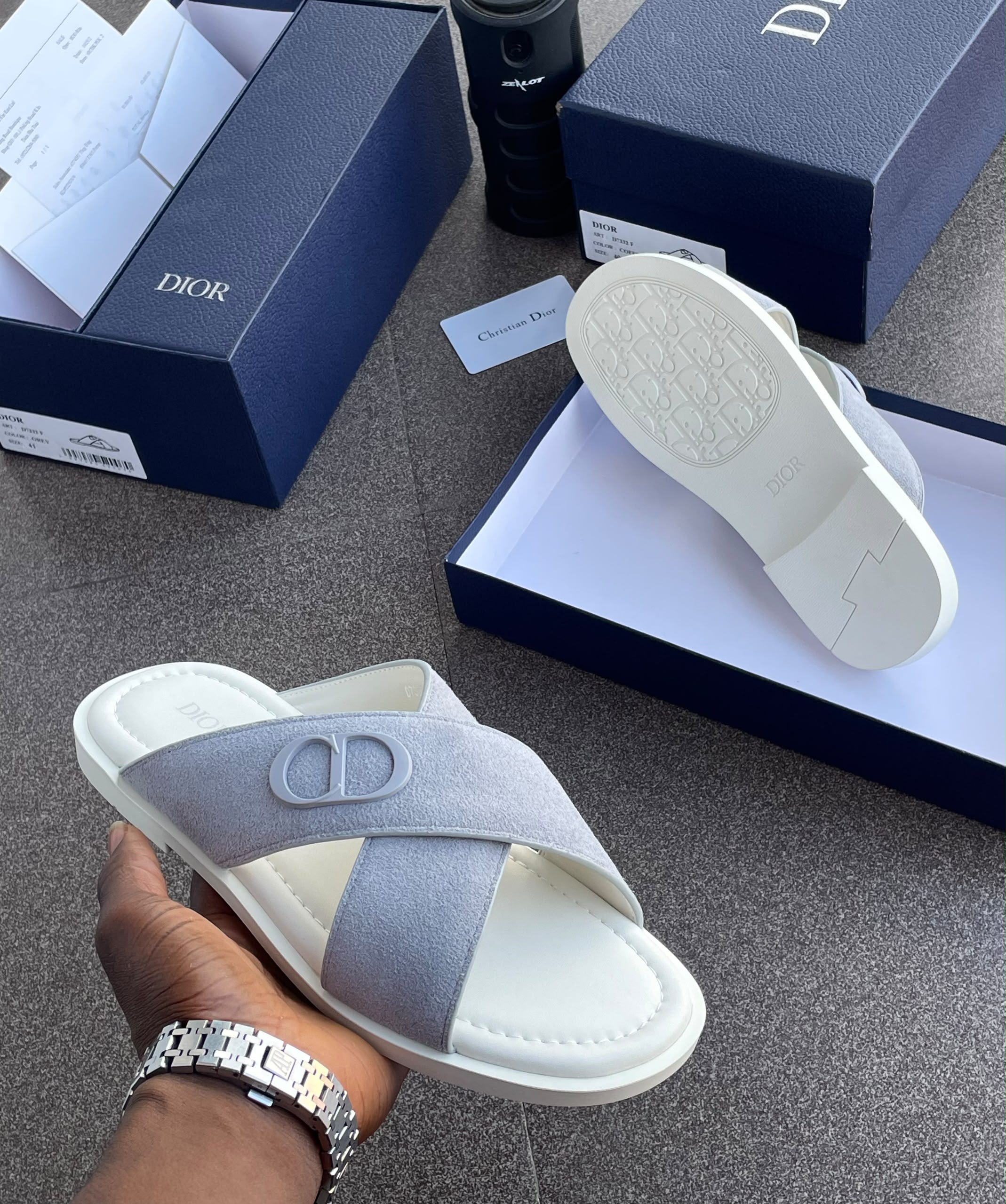 Premium Men's "CD" Cross-Strap Grey White Suede Slide - Image 3