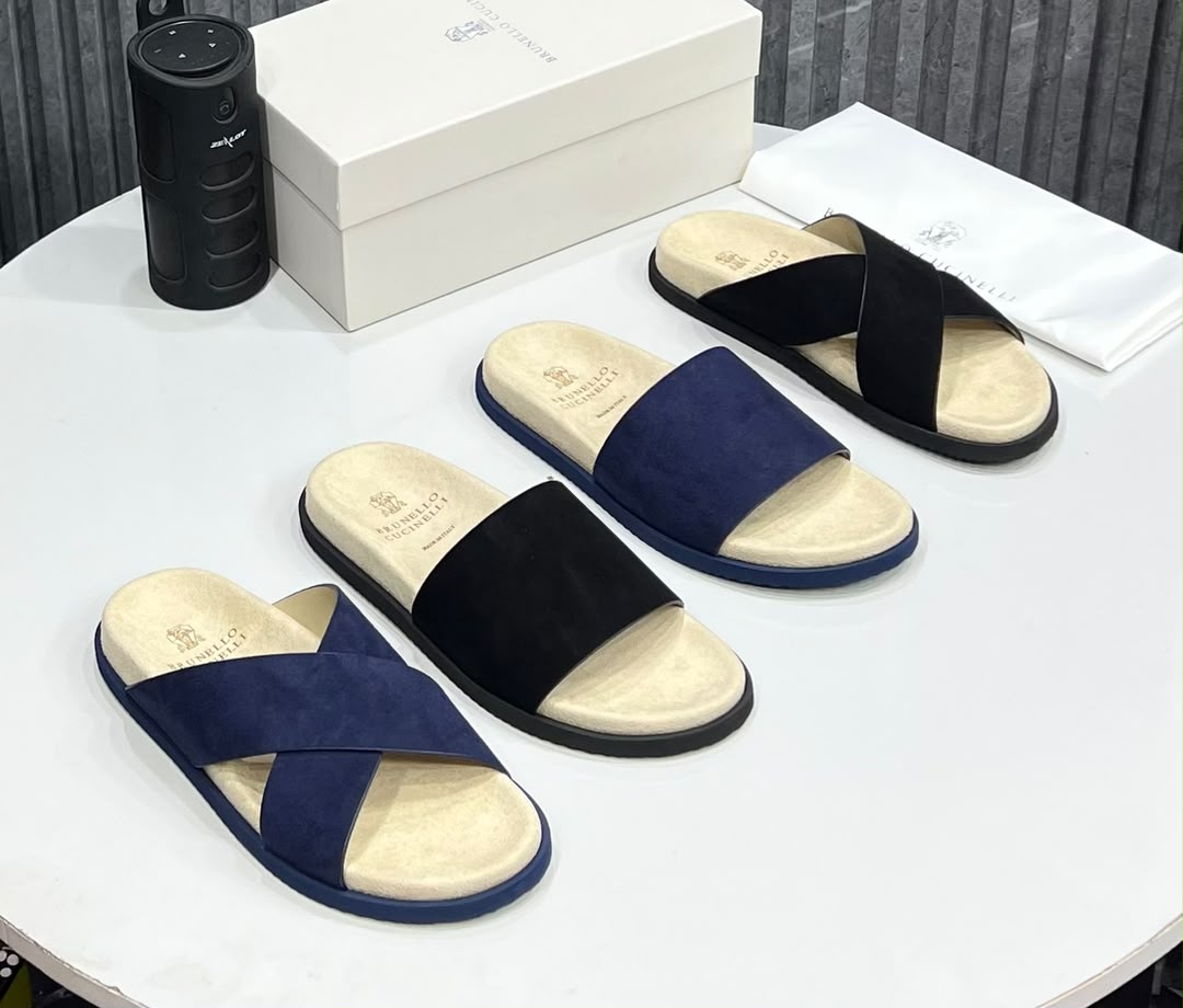 Brunello Cucinelli Luxury Single strap navy blue Slides - Image 2