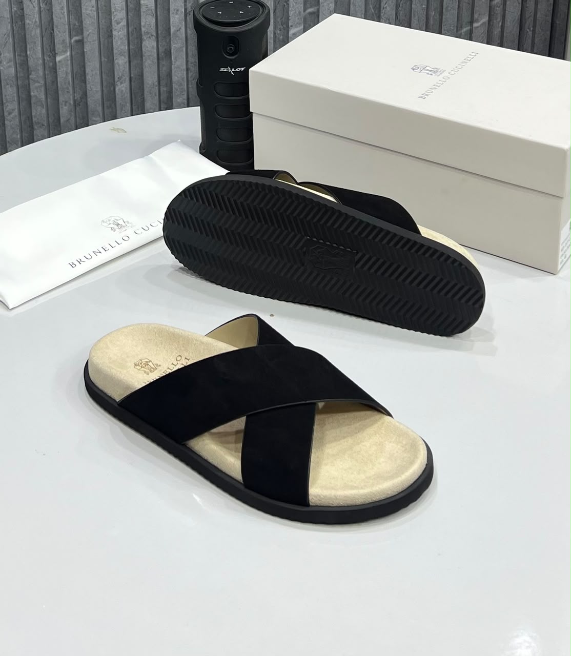 Brunello Cucinelli Luxury Cross strap black Slides - Image 3