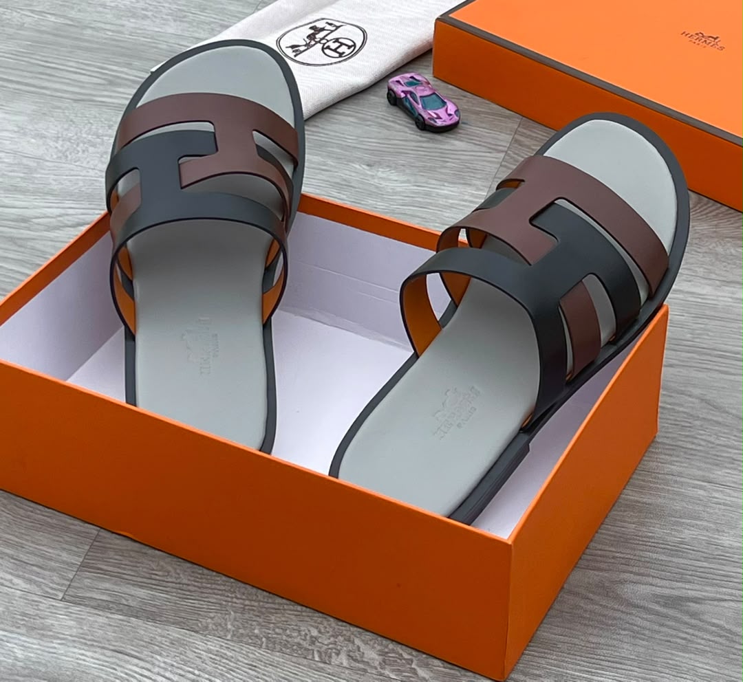 Hermes Premium Men's "H" Leather Slide Sandal