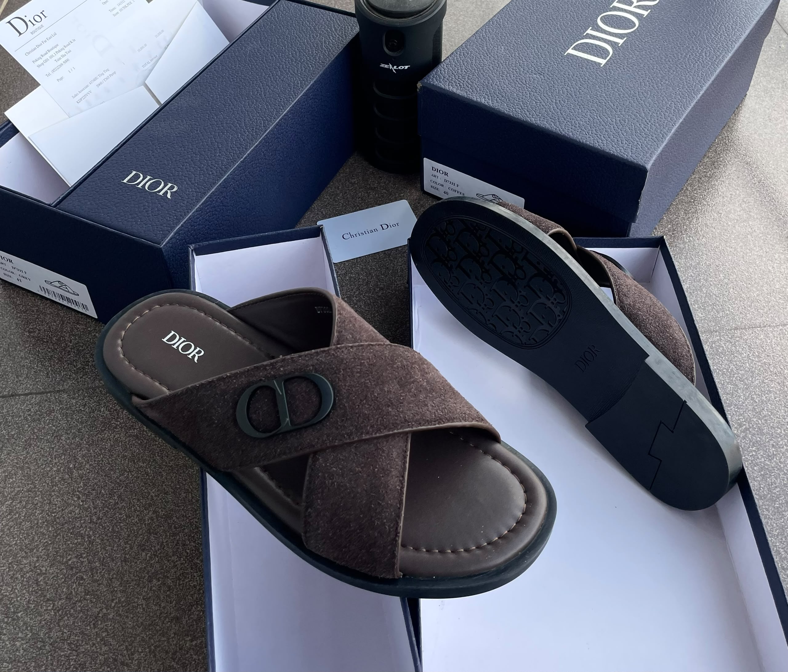 Premium Men's "CD" Cross-Strap Brown Suede Slide - Image 2