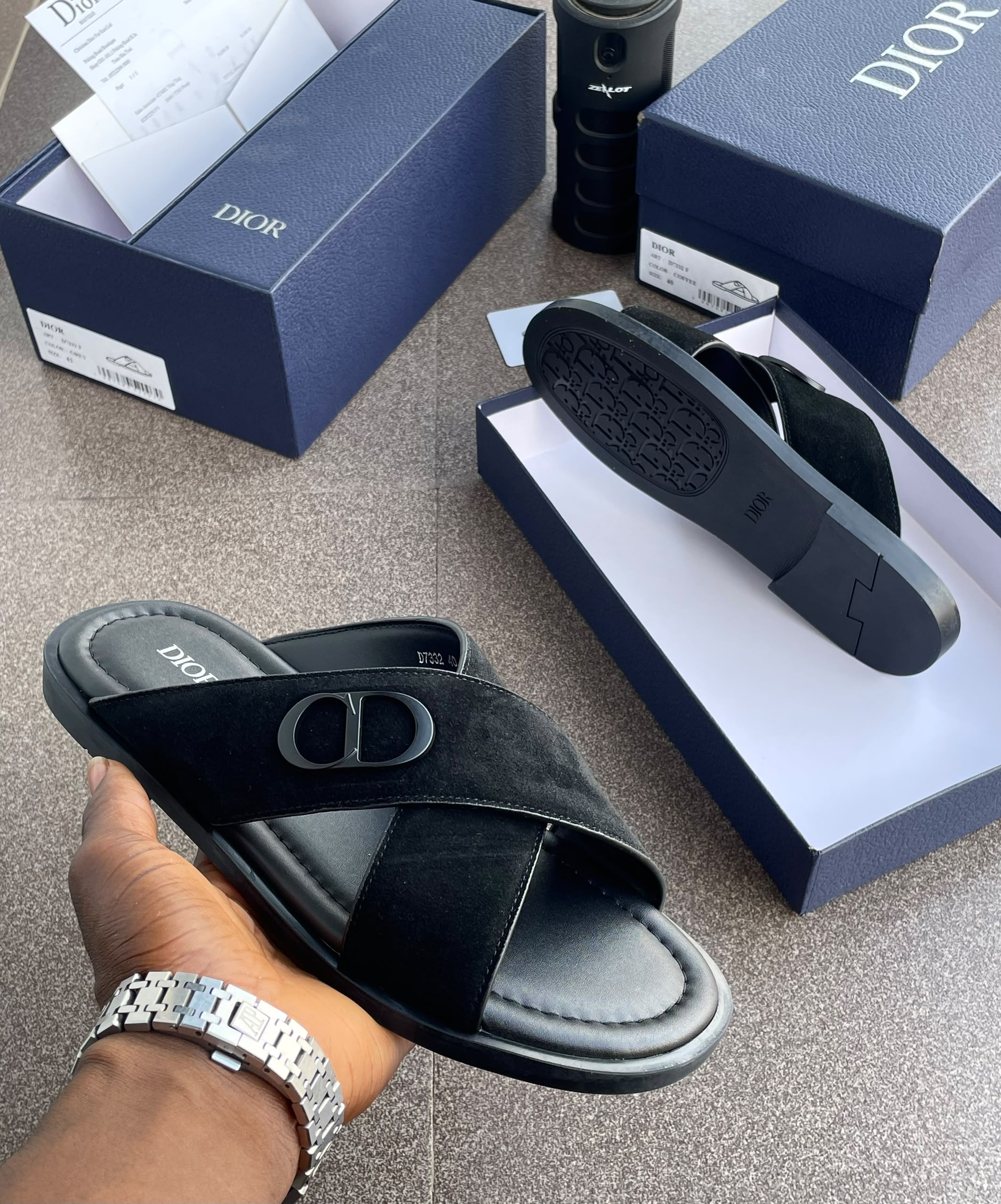 Premium Men's "CD" Cross-Strap Black Suede Slide