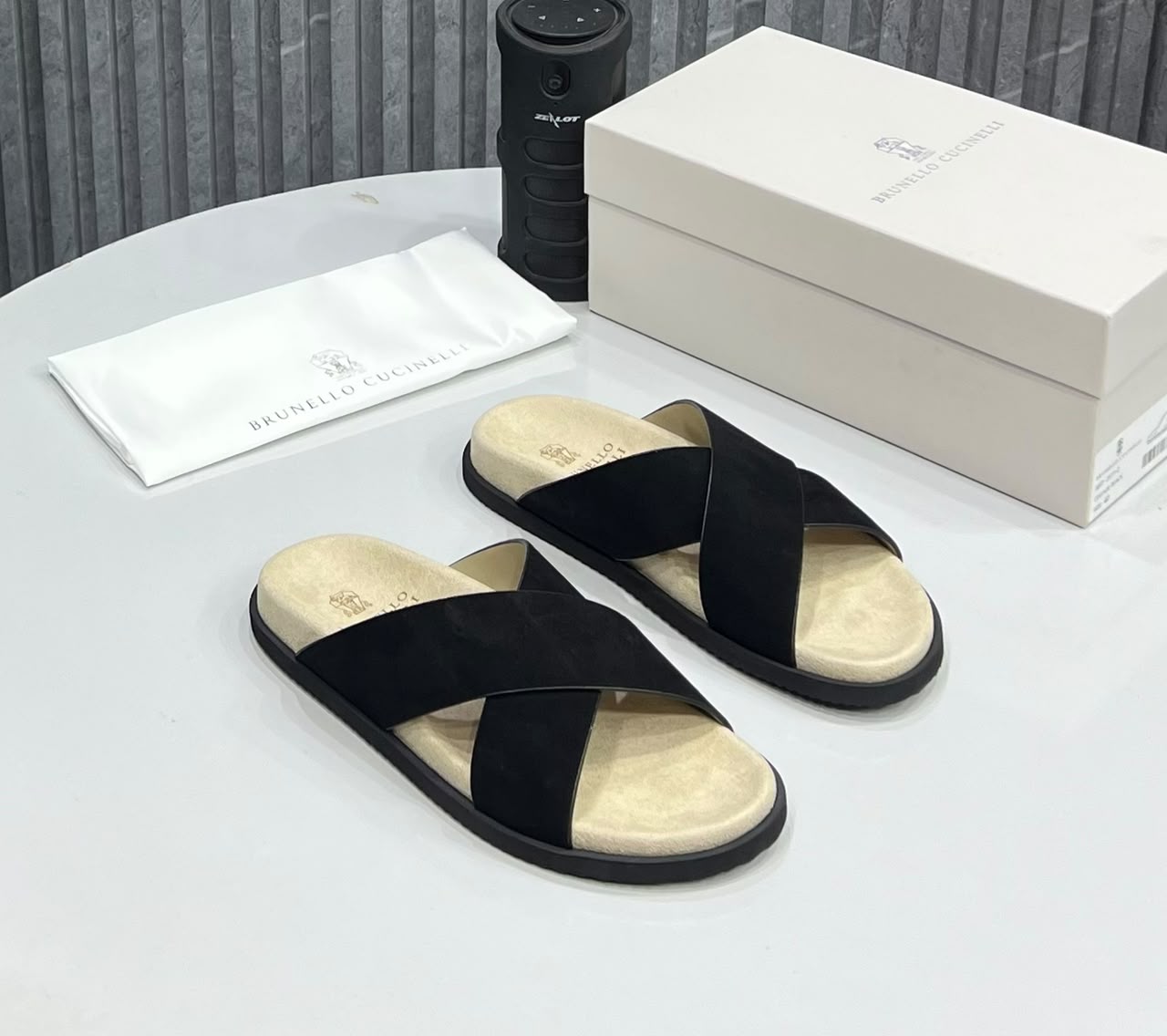 Brunello Cucinelli Luxury Cross strap black Slides