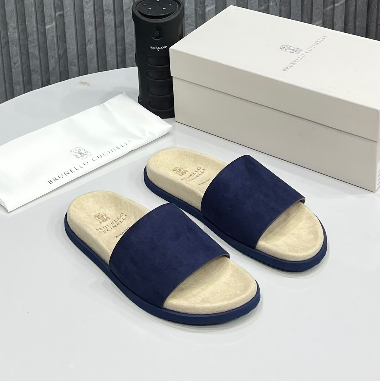 Brunello Cucinelli Luxury Single strap navy blue Slides