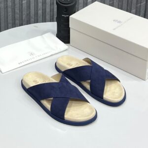 Brunello Cucinelli Luxury Cross strap navy blue Slides