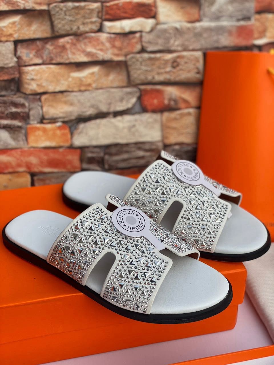 Hermès Chypre Studded Slide – White Crystal