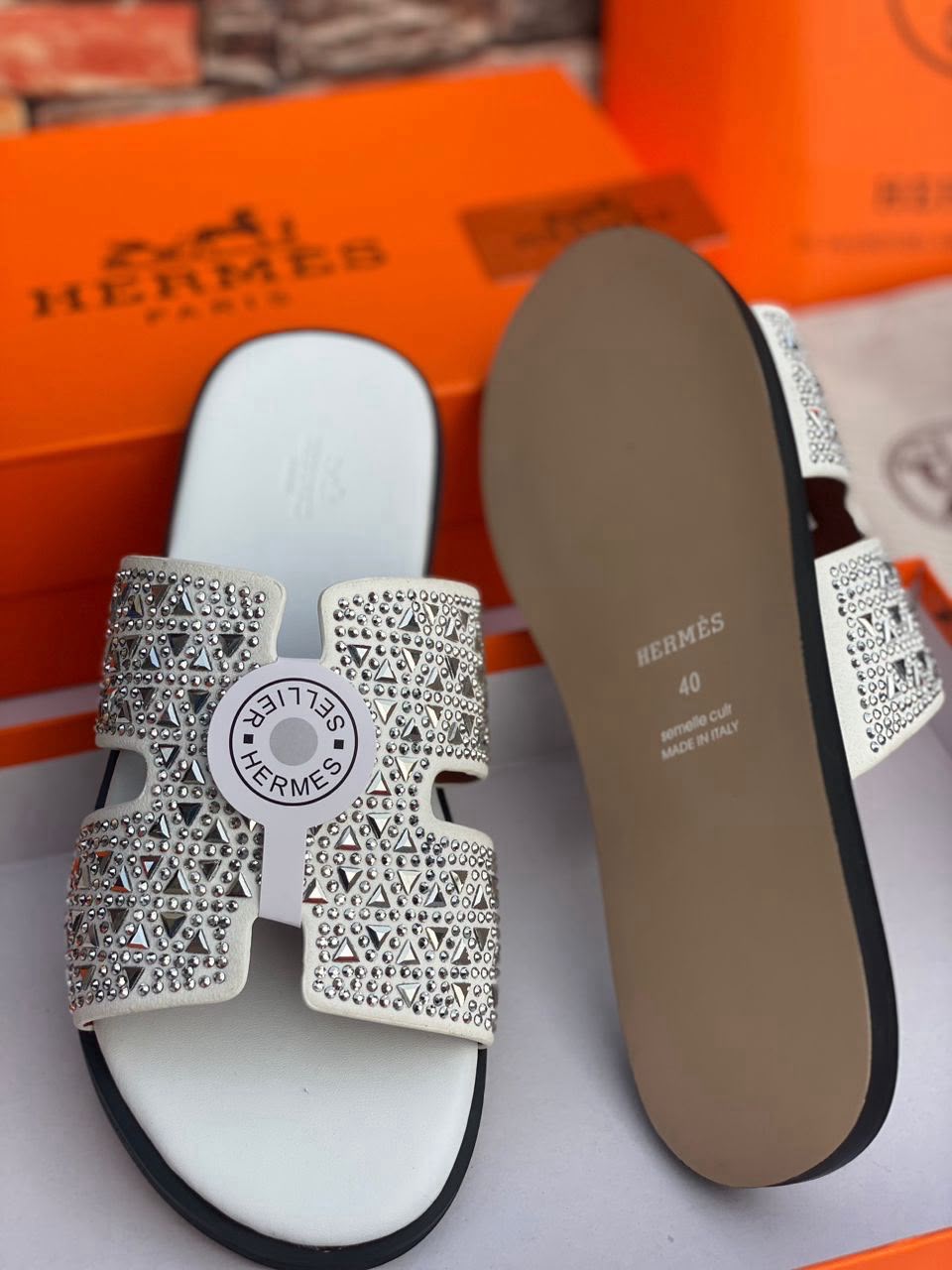 Hermès Chypre Studded Slide – White Crystal - Image 2