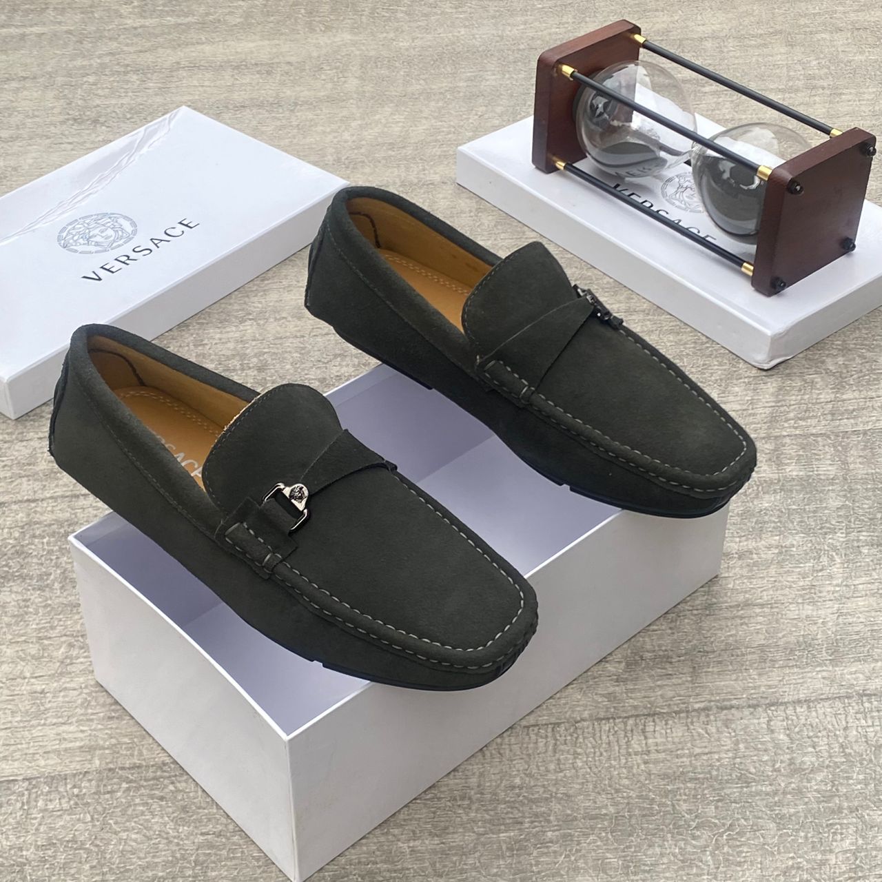 Versace Suede Driving Loafer – Army Green
