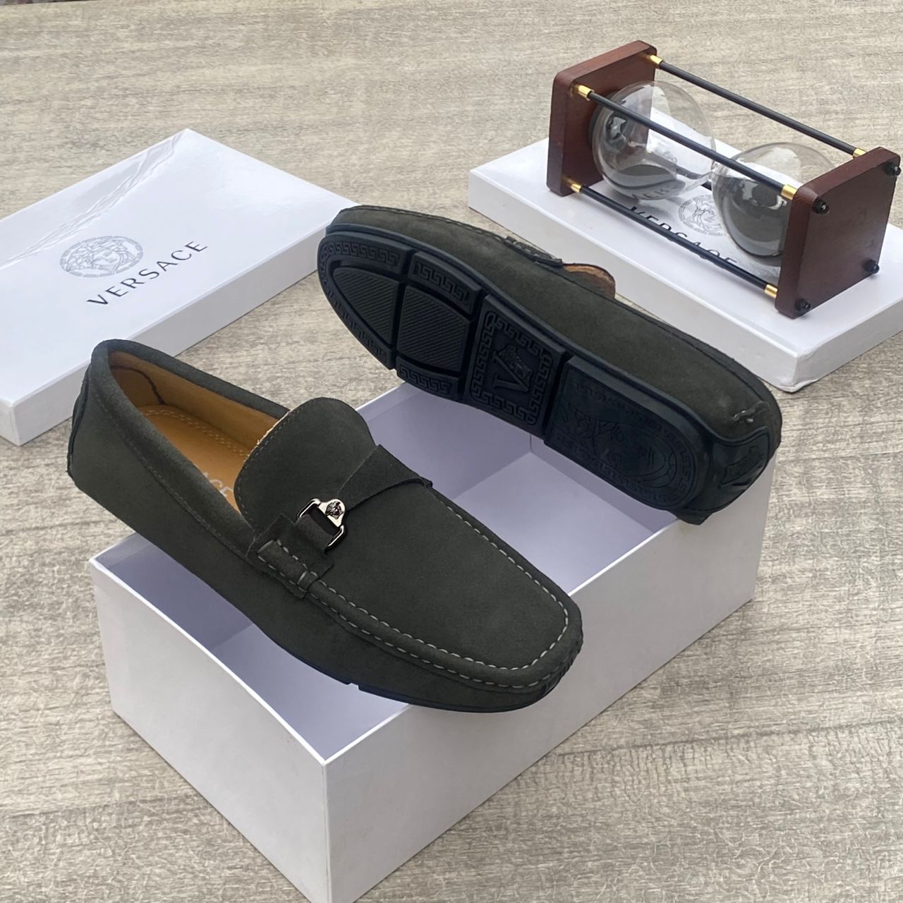 Versace Suede Driving Loafer – Army Green - Image 2